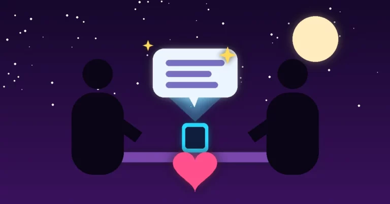 Ilustración de alto contraste: una pareja de siluetas sentada de noche frente a frente, separada por un teléfono que proyecta una burbuja de chat de inteligencia artificial, mientras un corazón brillante entre ambos simboliza la confianza compartida.
