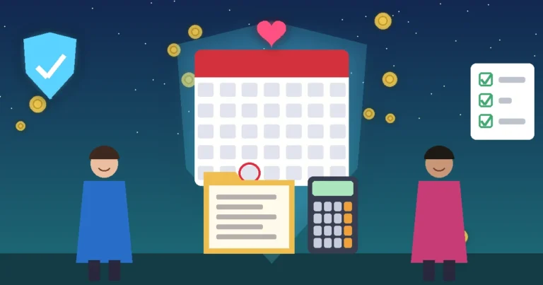 Ilustración de una pareja sonriente junto a un gran calendario de diciembre, una carpeta de documentos fiscales y una calculadora, con un escudo luminoso y una lista de verificación.