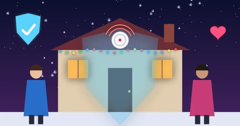 Ilustración nocturna de una pareja junto a su casa iluminada con luces de temporada, protegida por un gran escudo luminoso con una marca de verificación y una alarma de humo.