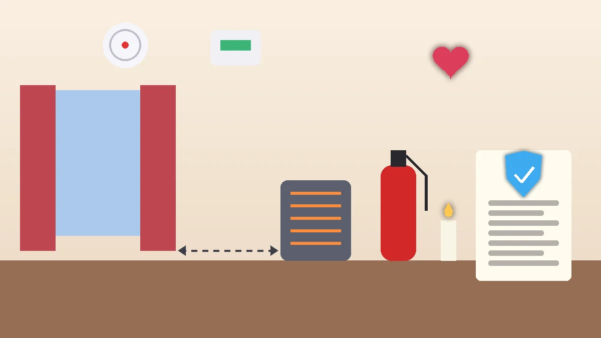 Ilustración de una sala con una alarma de humo, un detector de monóxido de carbono, un calefactor portátil a distancia segura, un extintor y un documento de póliza con escudo.