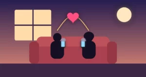 Ilustración de una pareja sentada en un sofá, cada uno mirando su teléfono de espaldas al otro, mientras un hilo luminoso en forma de corazón los une: desconexión emocional y el camino para reconectar.