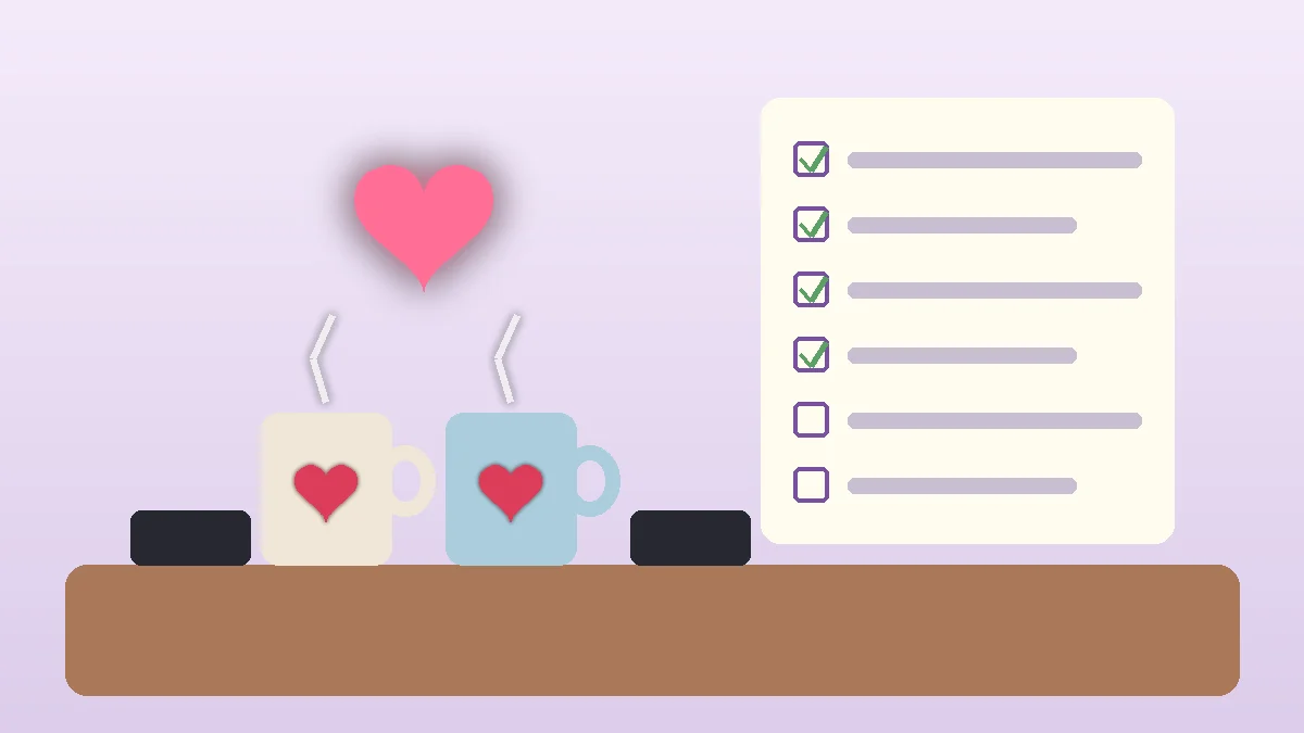 Ilustración de dos tazas, dos teléfonos boca abajo y una lista de ideas para reconectar en pareja junto a un corazón luminoso: diez minutos diarios de conversación sin pantallas.