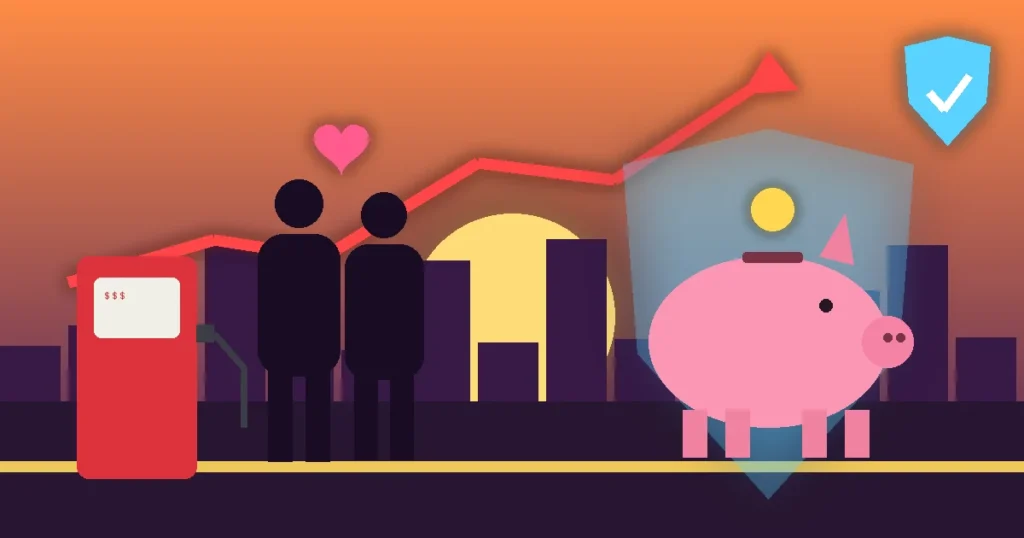Ilustración de una pareja frente a un surtidor de gasolina y una gran alcancía con un escudo luminoso, mientras una flecha de precios sube en el cielo del atardecer.