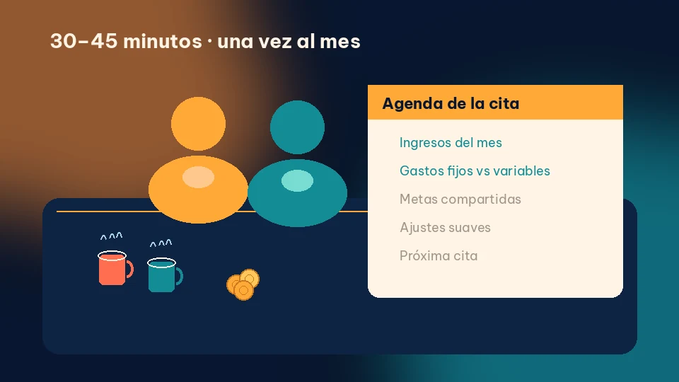 Agenda de la cita financiera en pareja con checklist de ingresos, gastos, metas y dos cafés sobre mesa navy.