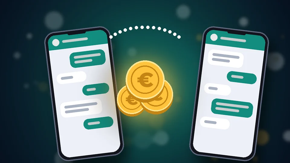 Dos móviles intercambiando mensajes con monedas brillantes en el centro, símbolo de la pareja coordinando gastos por chat.