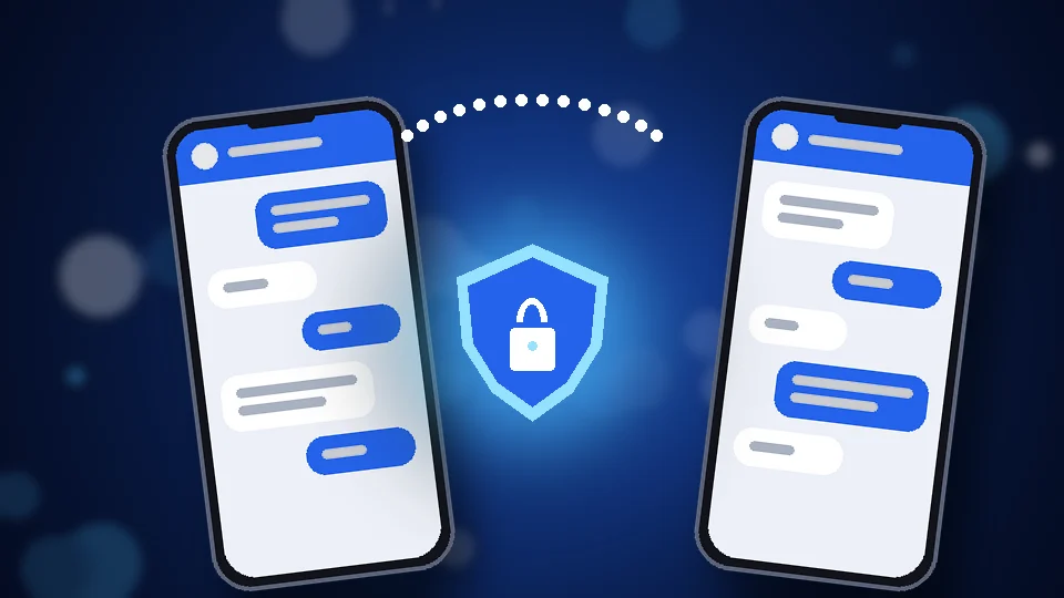 Dos móviles intercambiando mensajes con un escudo azul con candado en el centro, símbolo de la protección digital en pareja.