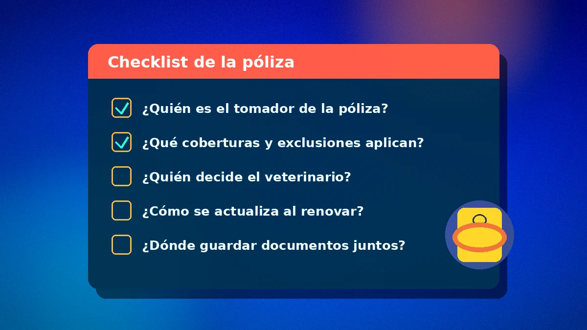 Ilustración de checklist de póliza de seguro de mascotas para parejas.