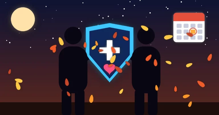 Ilustración de alto contraste: una pareja de siluetas en otoño sostiene juntos un gran escudo luminoso con una cruz médica y un corazón, mientras caen hojas doradas y un calendario marca la temporada de inscripción abierta de beneficios.