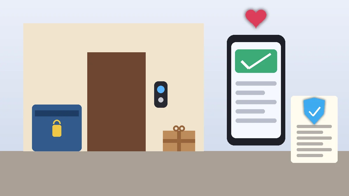 Ilustración de una entrada de casa con un buzón de paquetes con cerradura, timbre con cámara, un teléfono con notificación de entrega y un documento de póliza con escudo.
