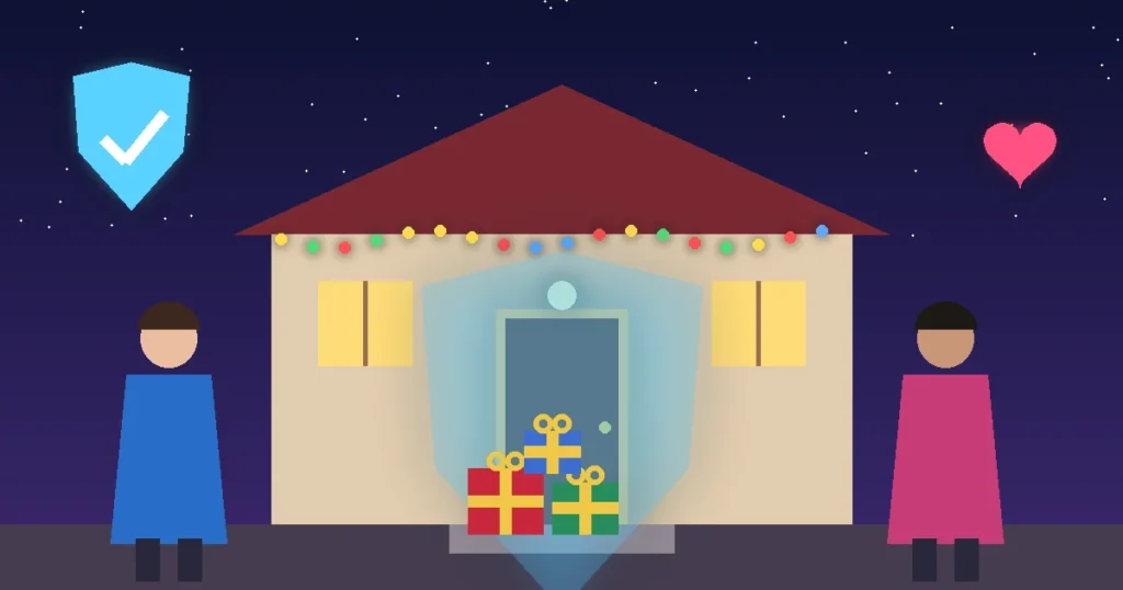 Ilustración nocturna de alto contraste: una pareja frente a la puerta iluminada de su casa con varias cajas de regalo, protegidas por un gran escudo luminoso con una marca de verificación.