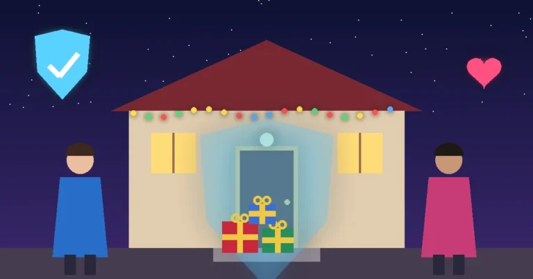 Ilustración nocturna de alto contraste: una pareja frente a la puerta iluminada de su casa con varias cajas de regalo, protegidas por un gran escudo luminoso con una marca de verificación.