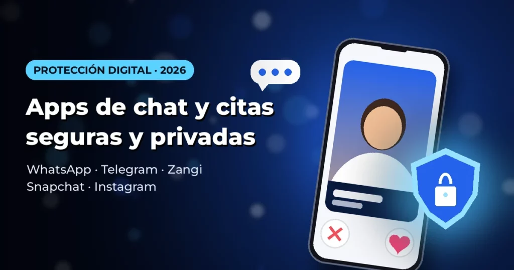 Celular con un chat de citas y un escudo con candado sobre fondo azul oscuro: privacidad y seguridad en las apps de citas y chat.