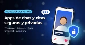Celular con un chat de citas y un escudo con candado sobre fondo azul oscuro: privacidad y seguridad en las apps de citas y chat.