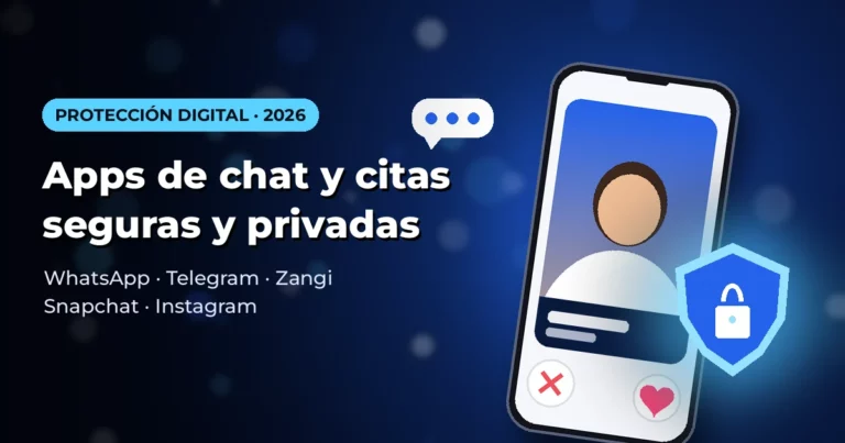Celular con un chat de citas y un escudo con candado sobre fondo azul oscuro: privacidad y seguridad en las apps de citas y chat.