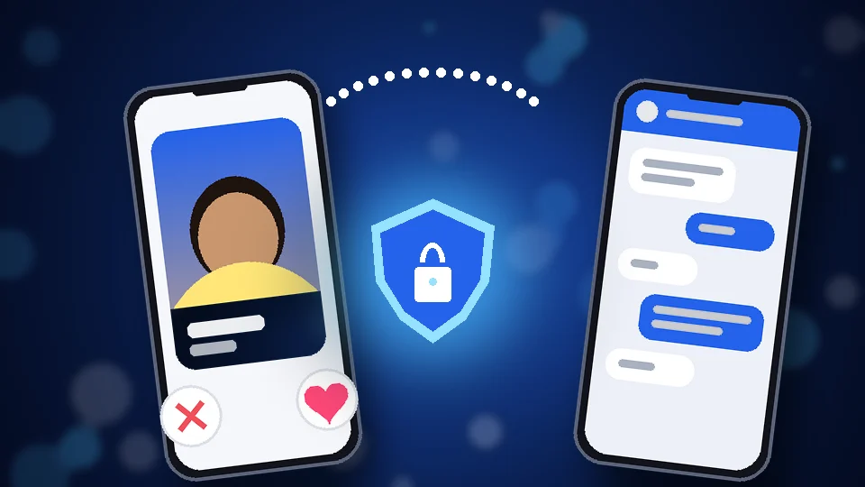 Dos celulares intercambiando mensajes con un escudo azul con candado en el centro, símbolo de la protección de datos en las apps de citas.