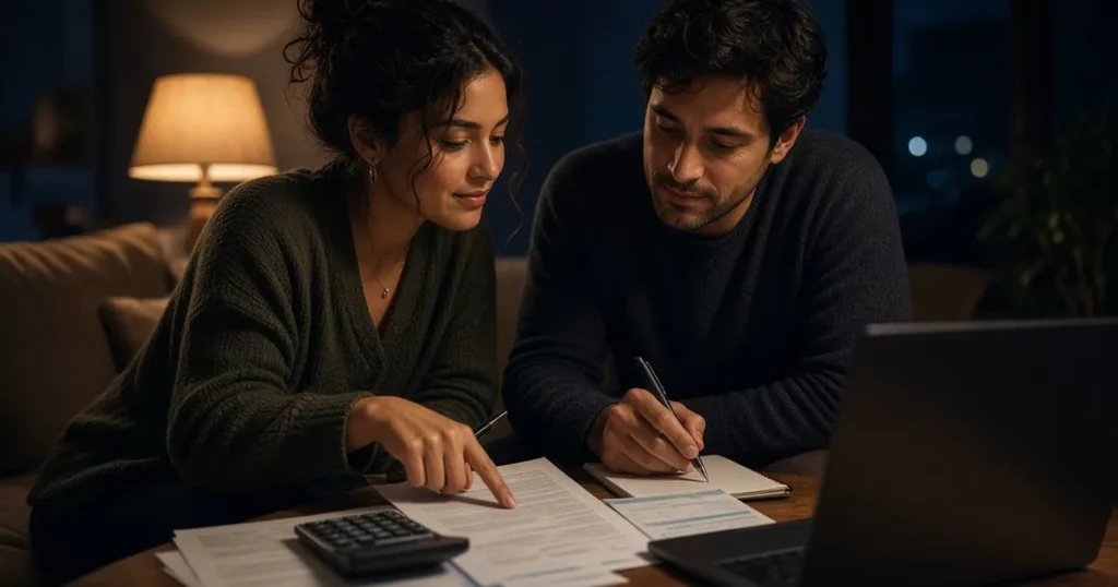 Pareja en el salón por la noche revisando juntos los documentos de su seguro de incapacidad con una calculadora y un portátil, bajo la luz cálida de una lámpara y con contraste azul y ámbar.