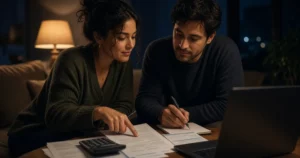 Pareja en el salón por la noche revisando juntos los documentos de su seguro de incapacidad con una calculadora y un portátil, bajo la luz cálida de una lámpara y con contraste azul y ámbar.