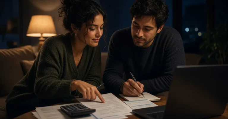 Pareja en el salón por la noche revisando juntos los documentos de su seguro de incapacidad con una calculadora y un portátil, bajo la luz cálida de una lámpara y con contraste azul y ámbar.