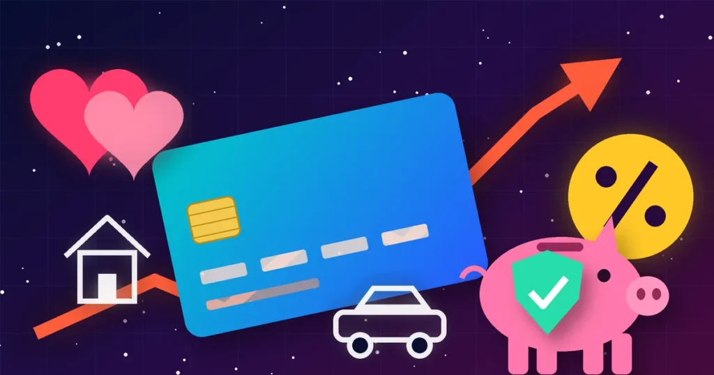 Ilustración de alto contraste con una flecha que sube hacia un símbolo de porcentaje, una tarjeta de crédito, una casa, un coche, dos corazones unidos y una hucha protegida por un escudo, que representa las finanzas en pareja ante tasas de interés altas.