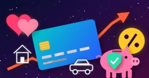 Ilustración de alto contraste con una flecha que sube hacia un símbolo de porcentaje, una tarjeta de crédito, una casa, un coche, dos corazones unidos y una hucha protegida por un escudo, que representa las finanzas en pareja ante tasas de interés altas.