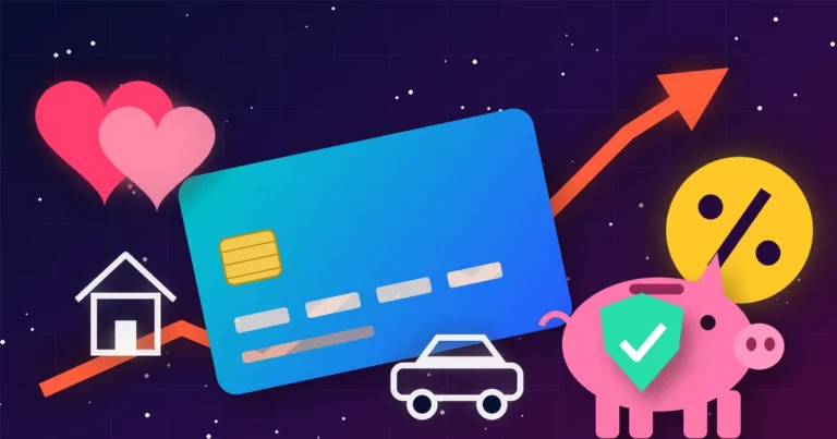 Ilustración de alto contraste con una flecha que sube hacia un símbolo de porcentaje, una tarjeta de crédito, una casa, un coche, dos corazones unidos y una hucha protegida por un escudo, que representa las finanzas en pareja ante tasas de interés altas.